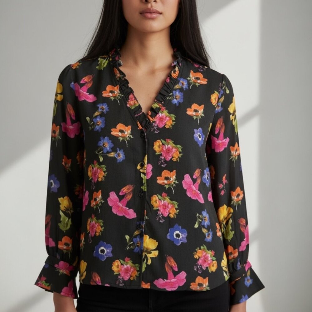 Tolani Collection black floral button front ruffled collar & sleeves top  SMALL